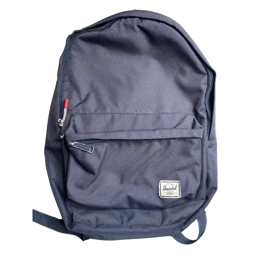 Herschel Navy Blue Backpack Zip Closure Red/White Striped Lining Pockets